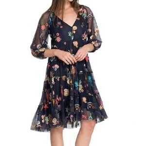 Johnny Was Blue and Orange Ruffled Tiered Midi Dress